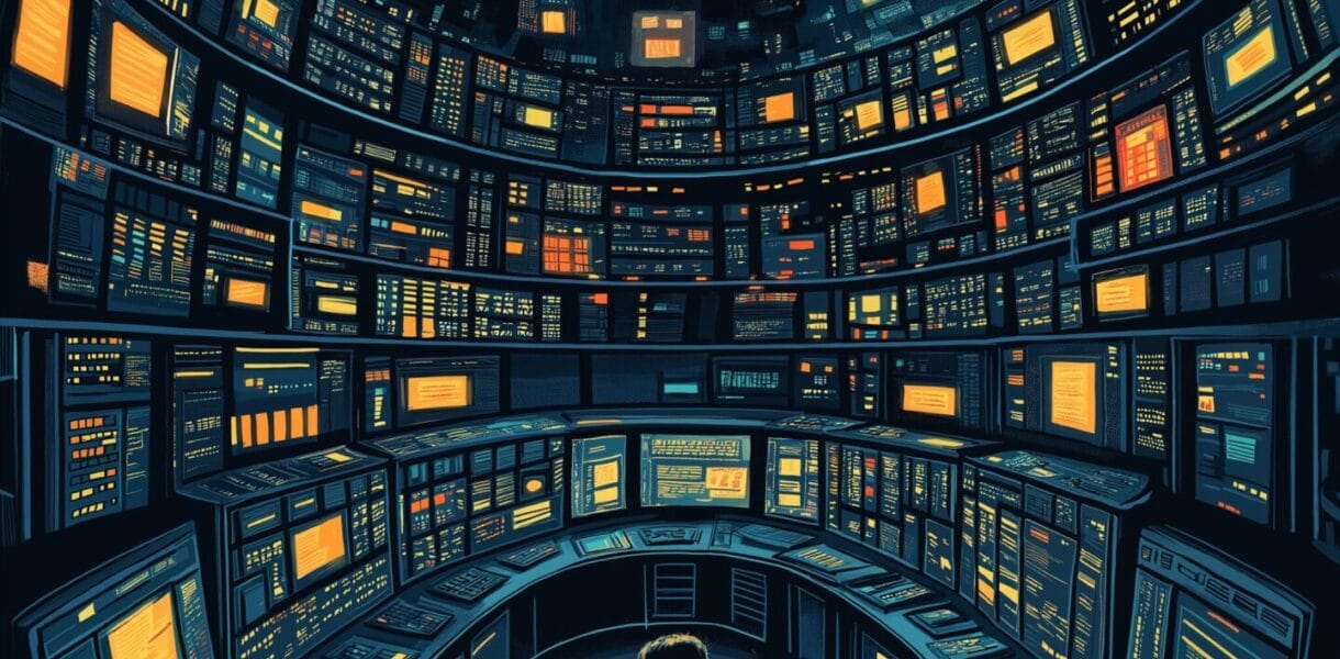 an image of a lonely character surrounded by and dominated by intimidating arrays of computer screens