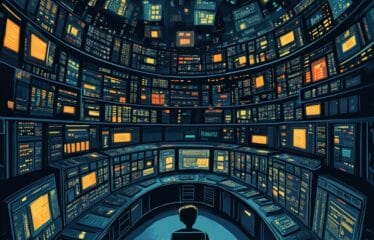 an image of a lonely character surrounded by and dominated by intimidating arrays of computer screens