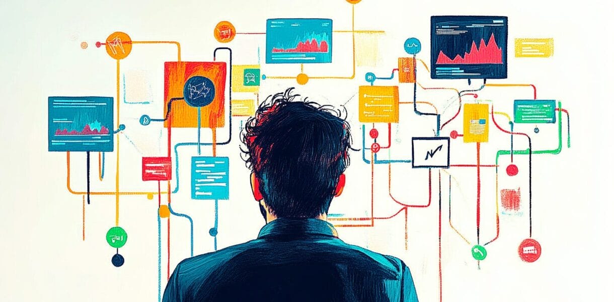 a drawing of a programmer looking at lots of complications data visualisations