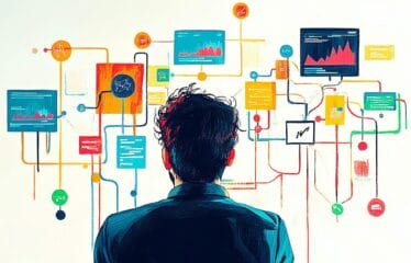 a drawing of a programmer looking at lots of complications data visualisations