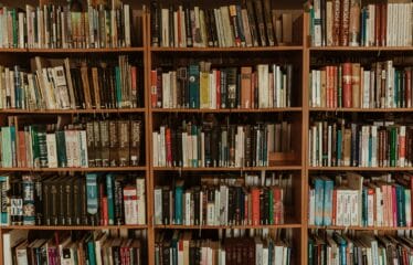 an image of library books on a shelf.