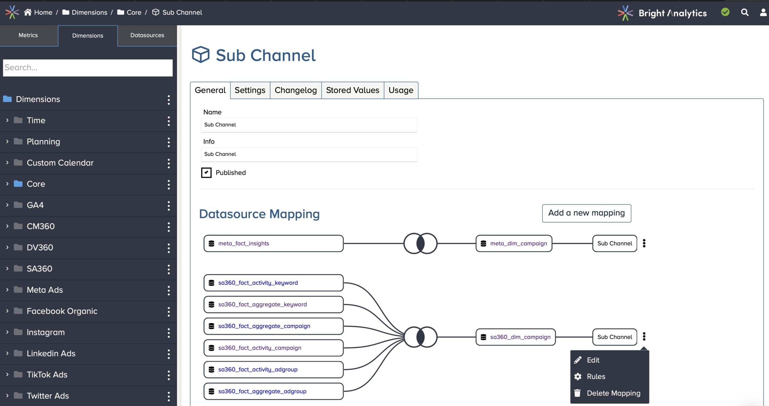 Bright Analytics dimension mapping page